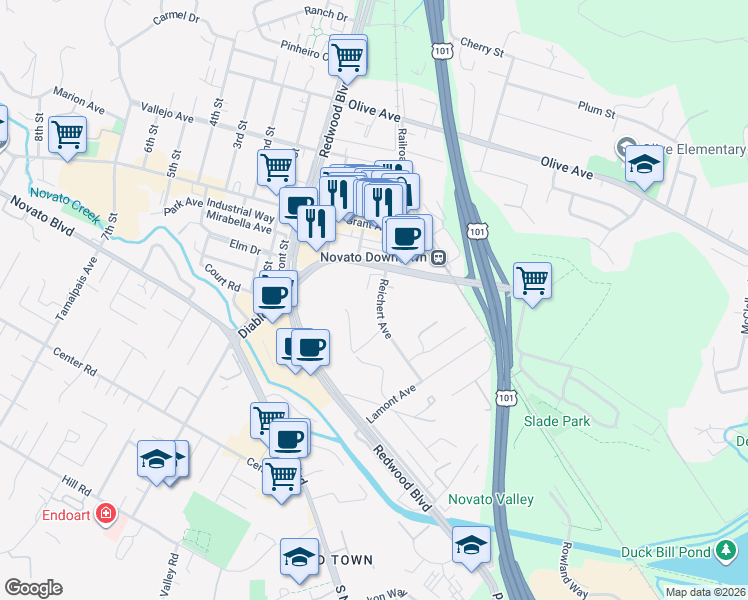 map of restaurants, bars, coffee shops, grocery stores, and more near 840 Reichert Avenue in Novato