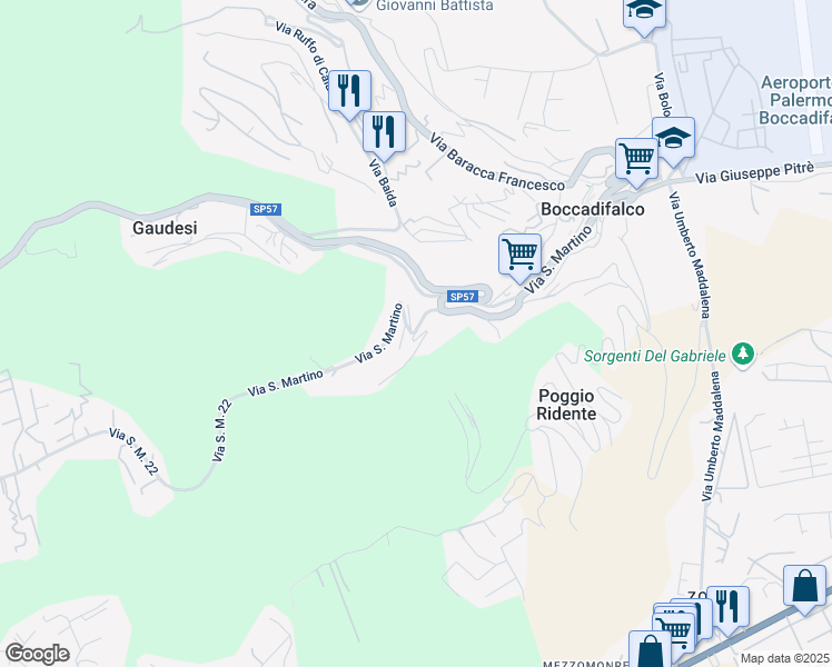 map of restaurants, bars, coffee shops, grocery stores, and more near 242 Via San Martino in Palermo