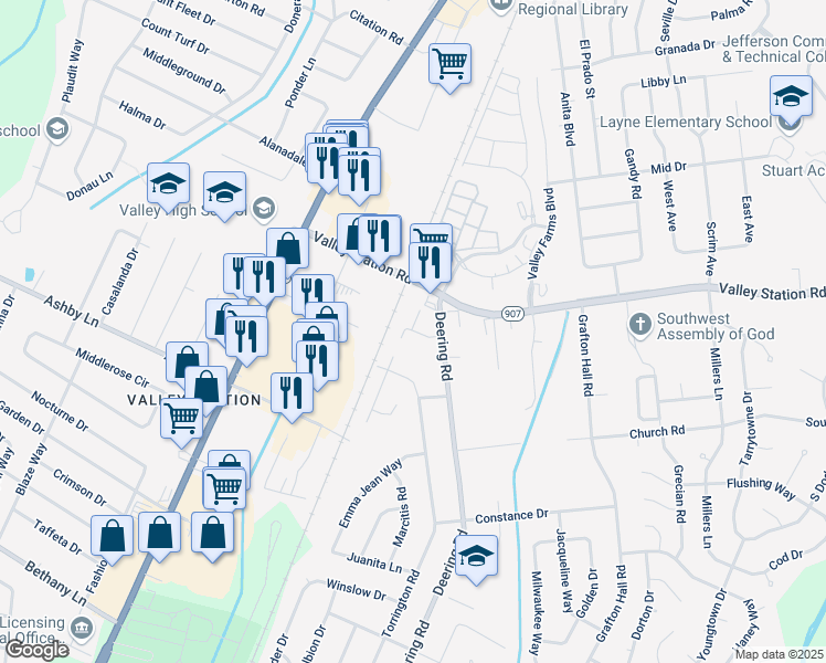 map of restaurants, bars, coffee shops, grocery stores, and more near 101 Chariot Run Drive in Louisville