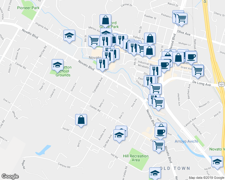 map of restaurants, bars, coffee shops, grocery stores, and more near 1 Boulevard Court in Novato