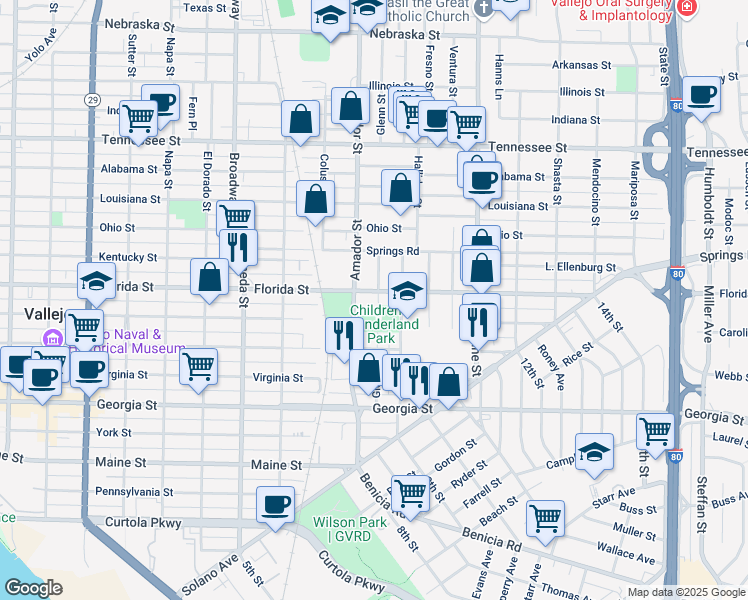 map of restaurants, bars, coffee shops, grocery stores, and more near 1427 Florida Street in Vallejo