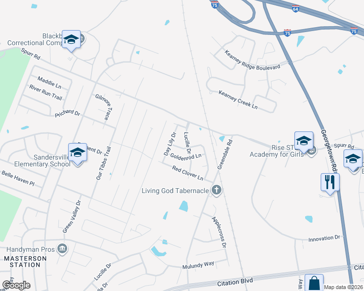 map of restaurants, bars, coffee shops, grocery stores, and more near 1136 Mountain Laurel Way in Lexington