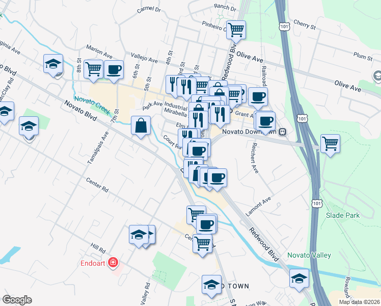map of restaurants, bars, coffee shops, grocery stores, and more near 975 Diablo Avenue in Novato
