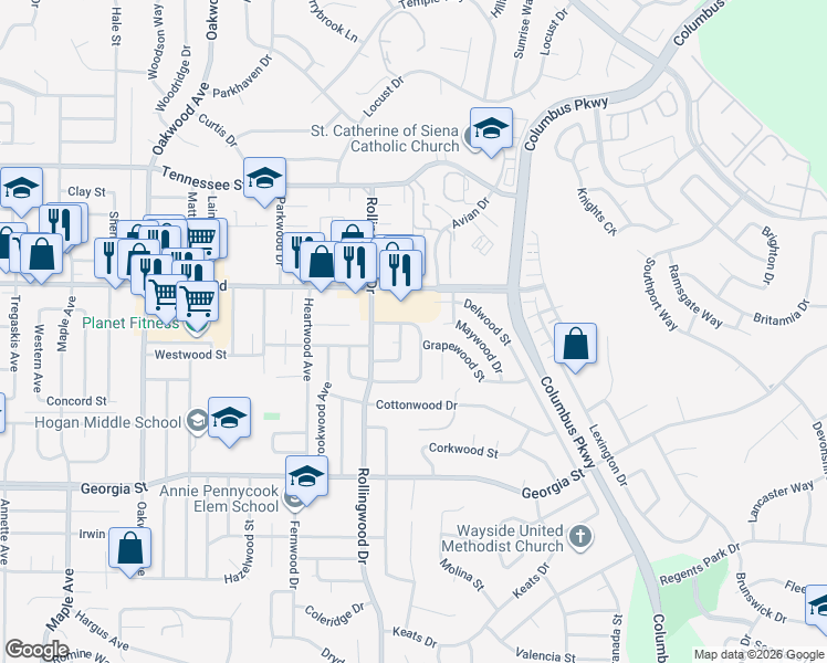 map of restaurants, bars, coffee shops, grocery stores, and more near 4 Muirwood Court in Vallejo