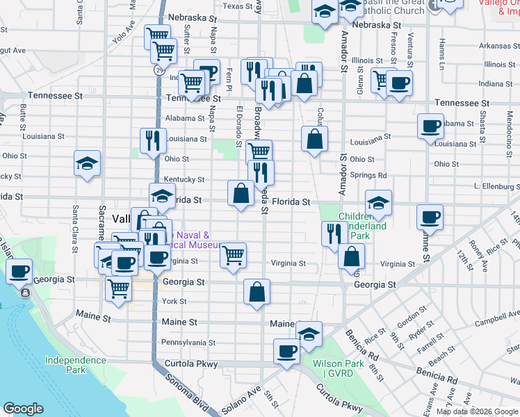 map of restaurants, bars, coffee shops, grocery stores, and more near in Vallejo