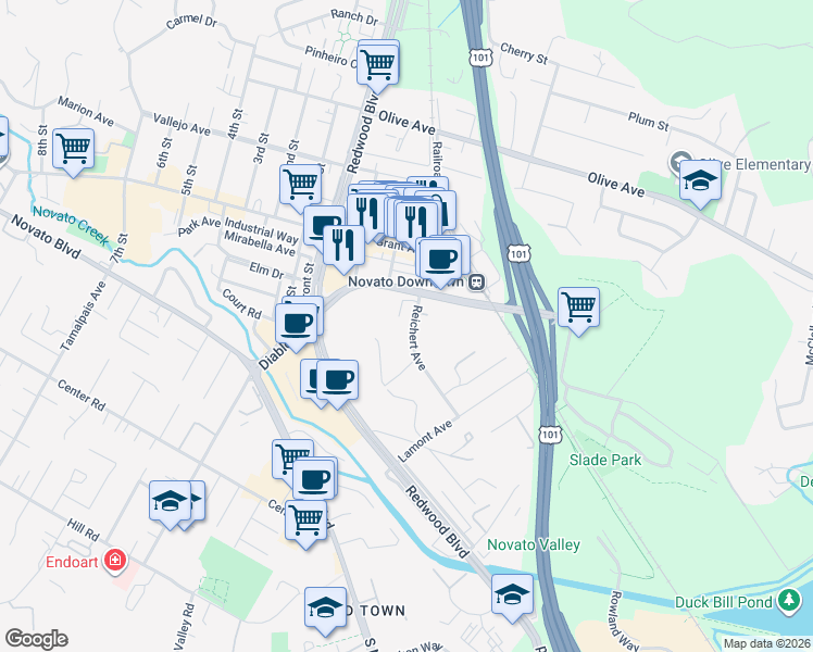 map of restaurants, bars, coffee shops, grocery stores, and more near 840 Reichert Avenue in Novato