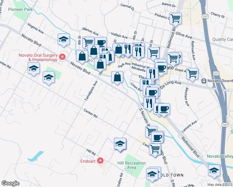 map of restaurants, bars, coffee shops, grocery stores, and more near 9 Boulevard Court in Novato