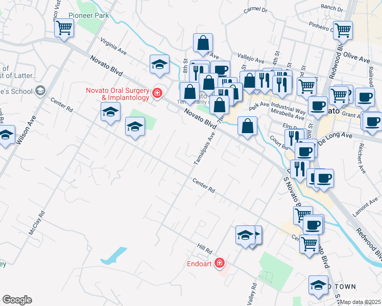map of restaurants, bars, coffee shops, grocery stores, and more near 853 Tamalpais Avenue in Novato