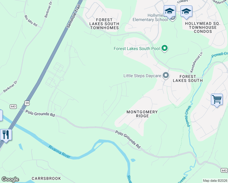 map of restaurants, bars, coffee shops, grocery stores, and more near 1724 Monet Hl in Charlottesville