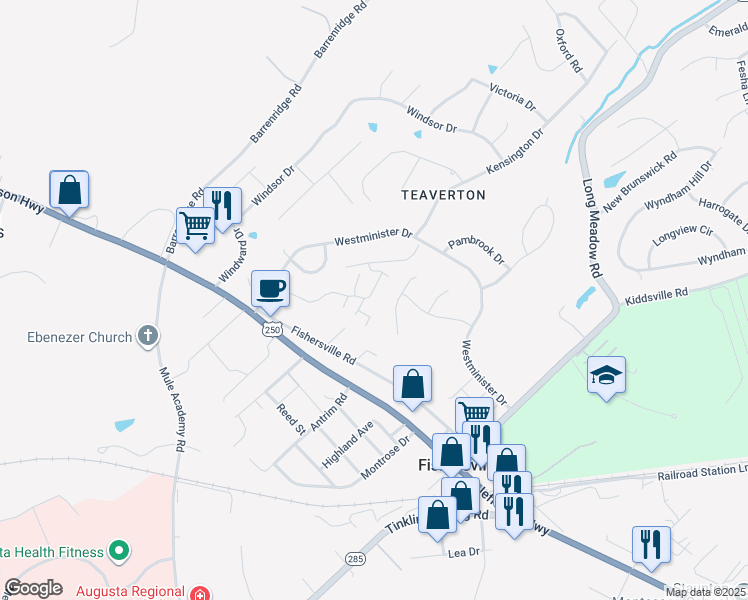 map of restaurants, bars, coffee shops, grocery stores, and more near 9 Westmoreland Lane in Fishersville