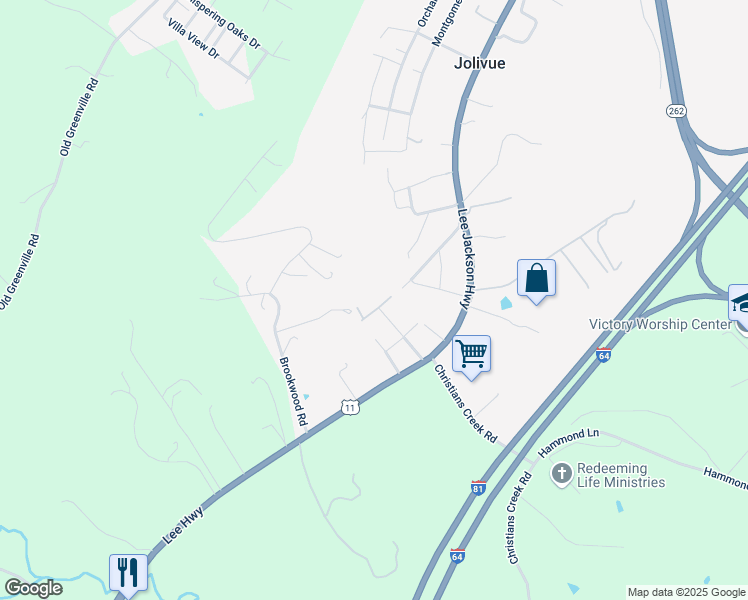 map of restaurants, bars, coffee shops, grocery stores, and more near 115 Hilltop Terrace Road in Staunton
