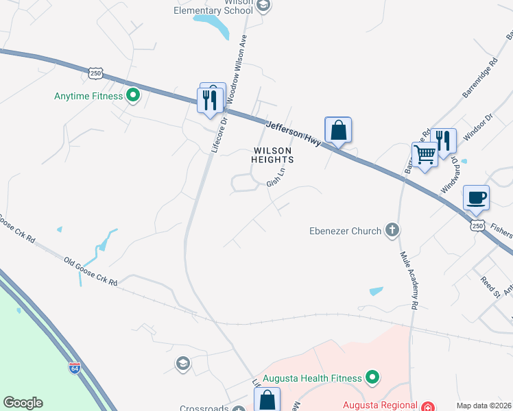 map of restaurants, bars, coffee shops, grocery stores, and more near 111 Fairmont Drive in Staunton