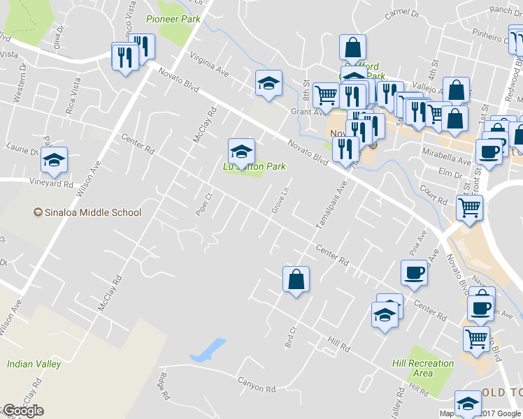 map of restaurants, bars, coffee shops, grocery stores, and more near 10 Crescent Lane in Novato