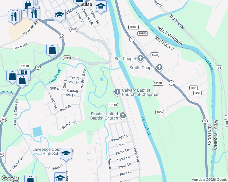 map of restaurants, bars, coffee shops, grocery stores, and more near Honey Bear Drive in Louisa