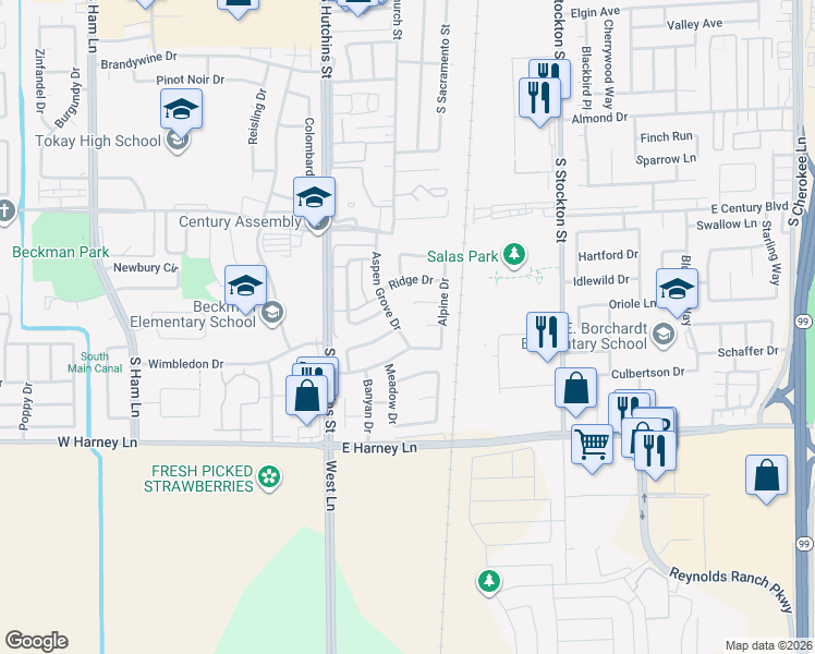 map of restaurants, bars, coffee shops, grocery stores, and more near 108 Tree Court in Lodi