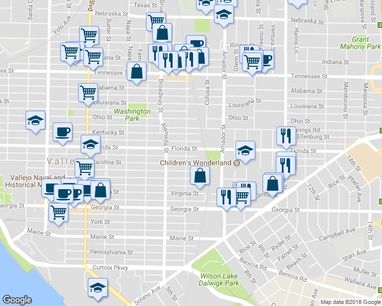 map of restaurants, bars, coffee shops, grocery stores, and more near 1215 Florida Street in Vallejo