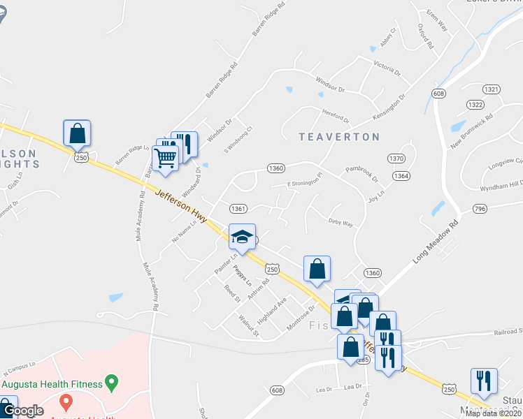 map of restaurants, bars, coffee shops, grocery stores, and more near 63 Teaberry Place in Fishersville