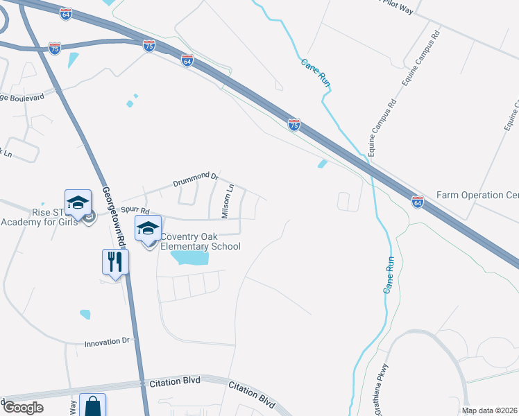 map of restaurants, bars, coffee shops, grocery stores, and more near 2250 Spurr Road in Lexington