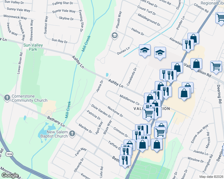 map of restaurants, bars, coffee shops, grocery stores, and more near 6103 Middlerose Circle in Louisville