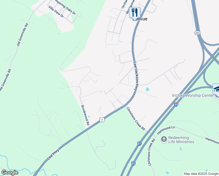 map of restaurants, bars, coffee shops, grocery stores, and more near 115 Hilltop Terrace Road in Staunton