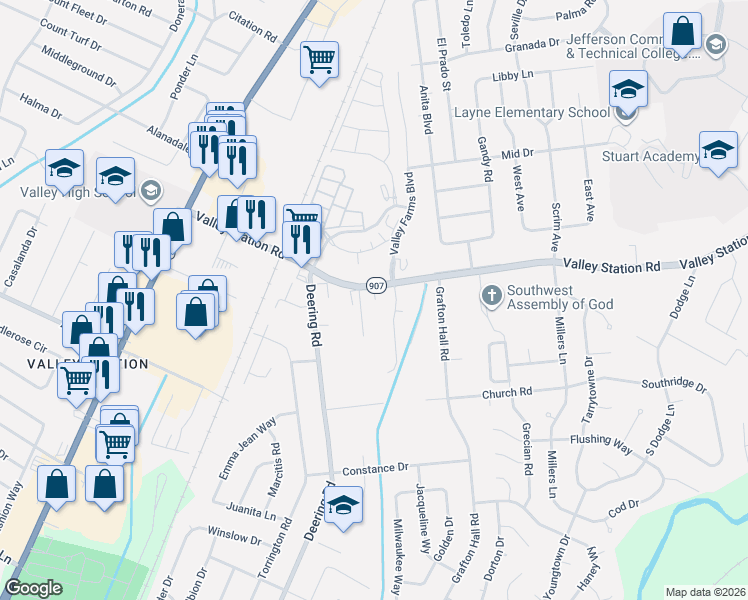 map of restaurants, bars, coffee shops, grocery stores, and more near 10304 Valley Farms Boulevard in Louisville