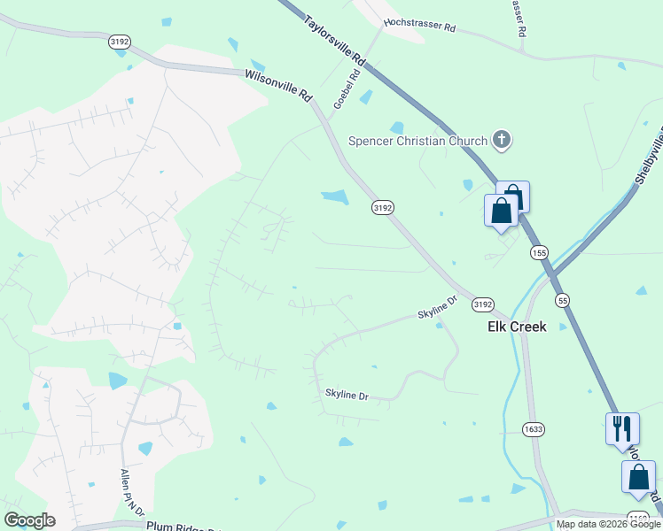 map of restaurants, bars, coffee shops, grocery stores, and more near 80 Wooded Creek Court in Taylorsville