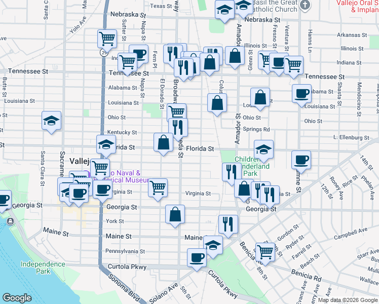 map of restaurants, bars, coffee shops, grocery stores, and more near 1135 Florida Street in Vallejo