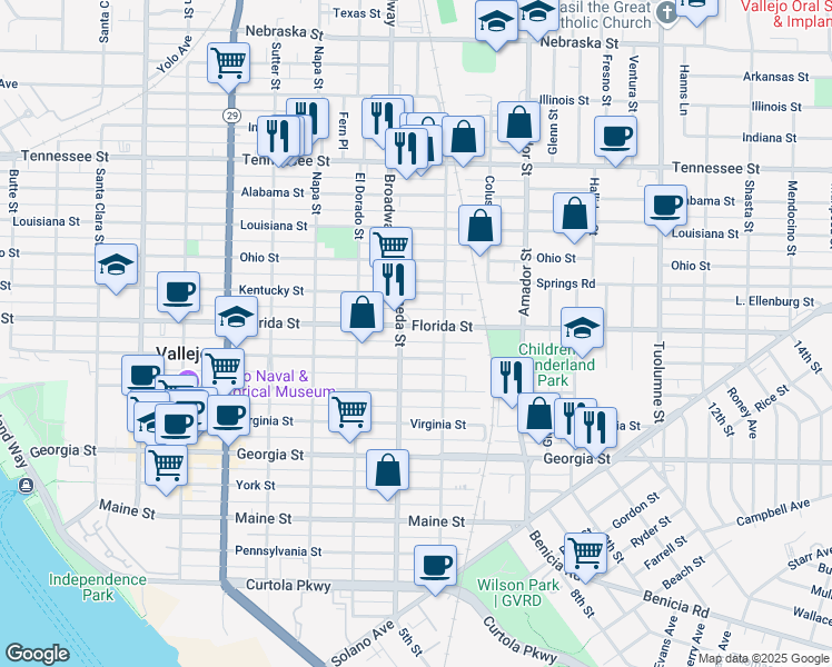 map of restaurants, bars, coffee shops, grocery stores, and more near 1135 Florida Street in Vallejo