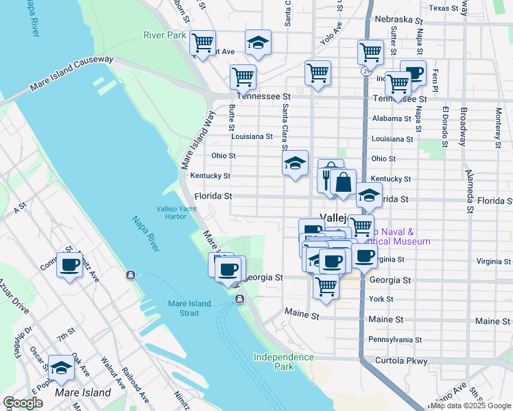 map of restaurants, bars, coffee shops, grocery stores, and more near 140 Carolina Street in Vallejo
