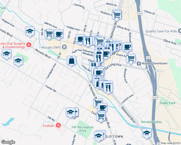map of restaurants, bars, coffee shops, grocery stores, and more near 975 Diablo Avenue in Novato