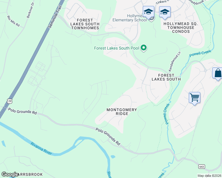 map of restaurants, bars, coffee shops, grocery stores, and more near 2591 Montgomery Ridge Road in Charlottesville