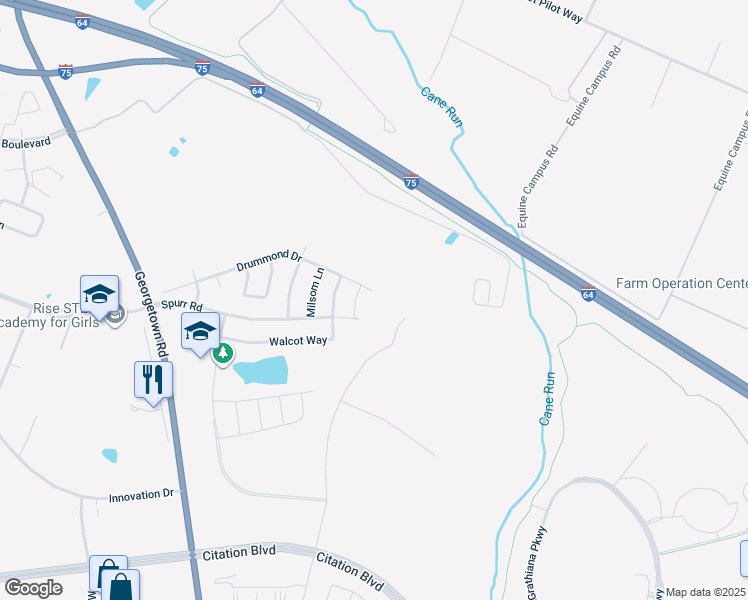 map of restaurants, bars, coffee shops, grocery stores, and more near 2250 Spurr Road in Lexington