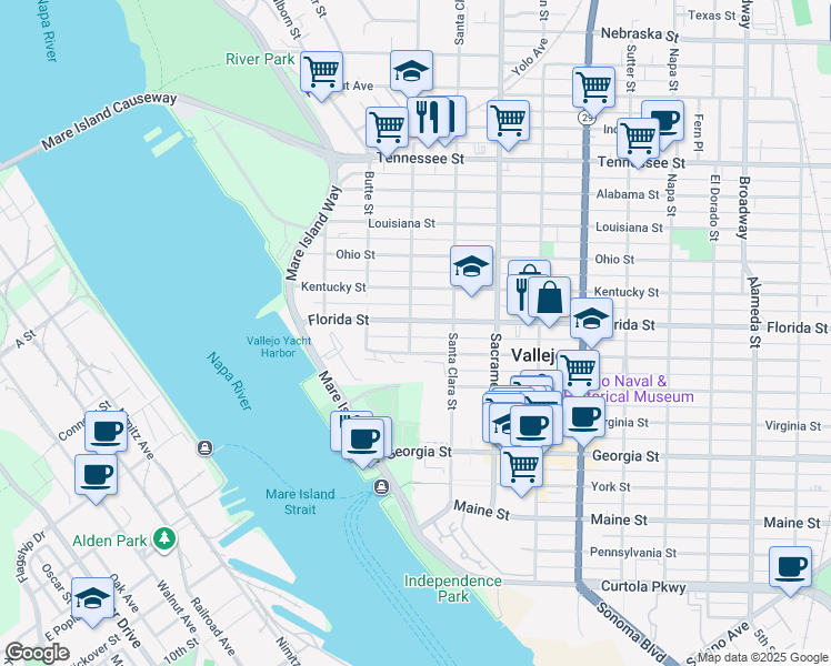 map of restaurants, bars, coffee shops, grocery stores, and more near 518 Branciforte Street in Vallejo