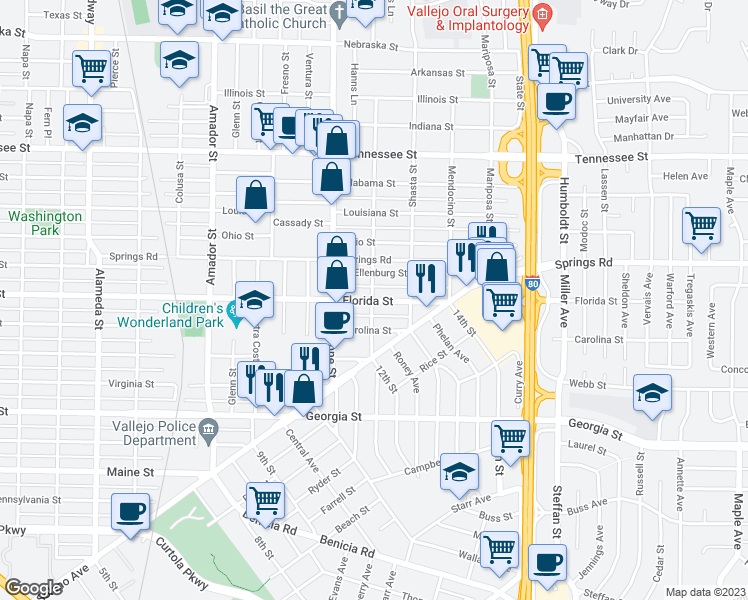 map of restaurants, bars, coffee shops, grocery stores, and more near 1902 Florida Street in Vallejo