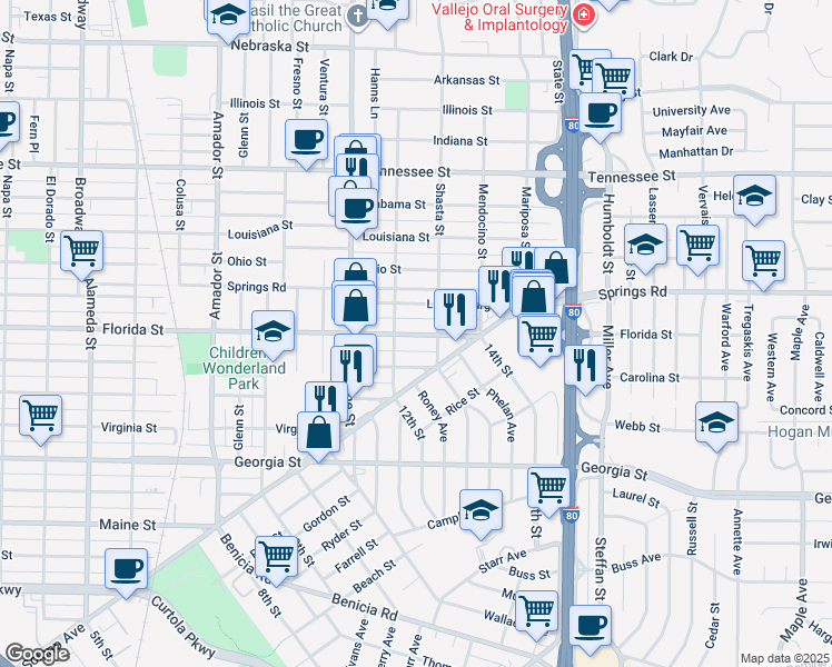 map of restaurants, bars, coffee shops, grocery stores, and more near 125 Shasta Street in Vallejo