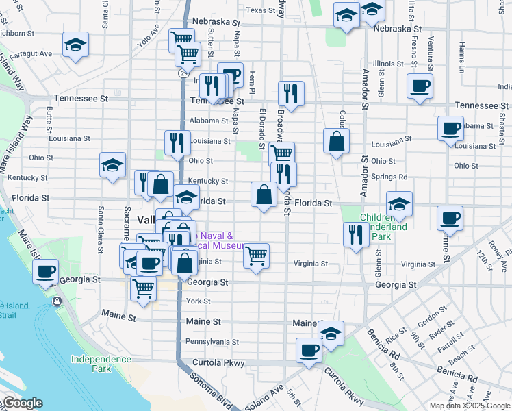 map of restaurants, bars, coffee shops, grocery stores, and more near 919 El Dorado Street in Vallejo
