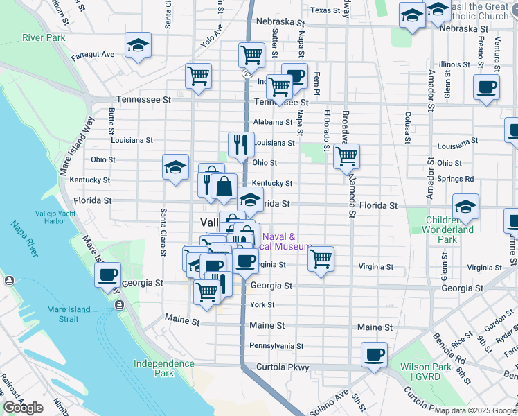 map of restaurants, bars, coffee shops, grocery stores, and more near in Vallejo