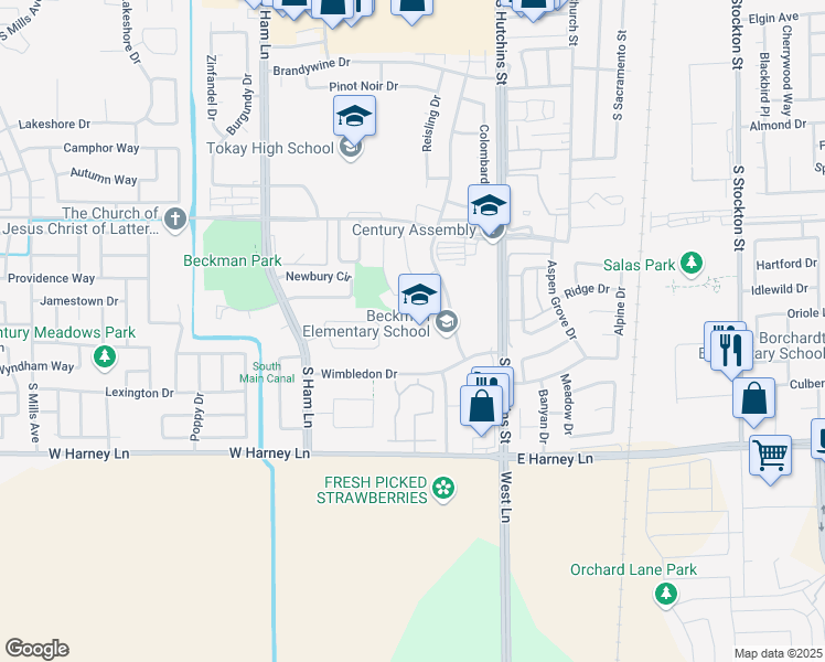 map of restaurants, bars, coffee shops, grocery stores, and more near 2201 Scarborough Drive in Lodi