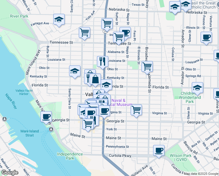 map of restaurants, bars, coffee shops, grocery stores, and more near in Vallejo