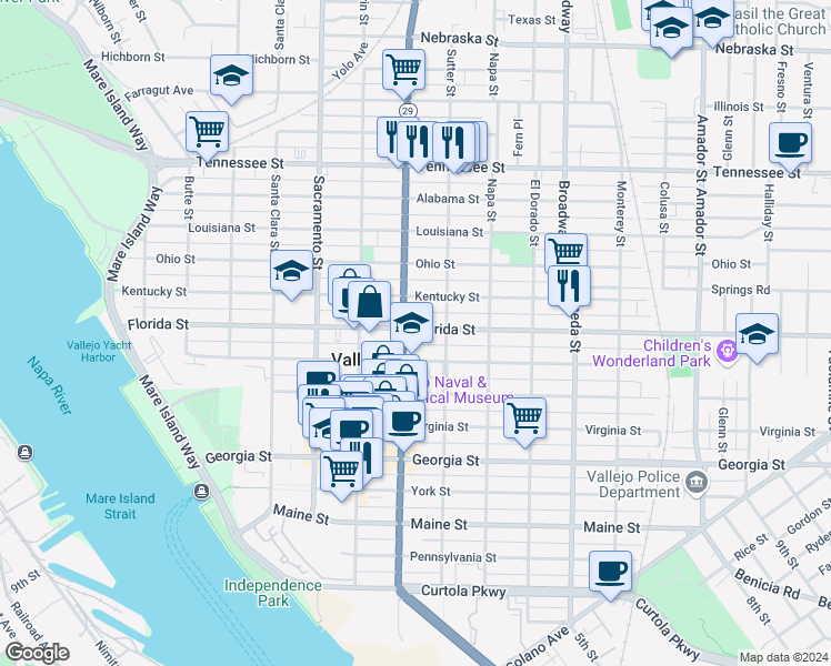 map of restaurants, bars, coffee shops, grocery stores, and more near in Vallejo