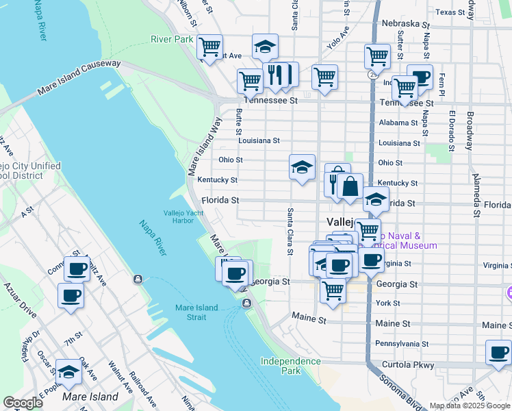 map of restaurants, bars, coffee shops, grocery stores, and more near 140 Carolina Street in Vallejo