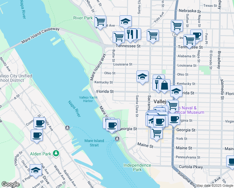 map of restaurants, bars, coffee shops, grocery stores, and more near 140 Carolina Street in Vallejo