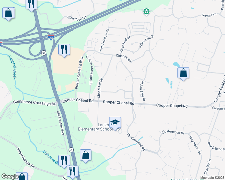 map of restaurants, bars, coffee shops, grocery stores, and more near 5113 Queens Castle Road in Louisville