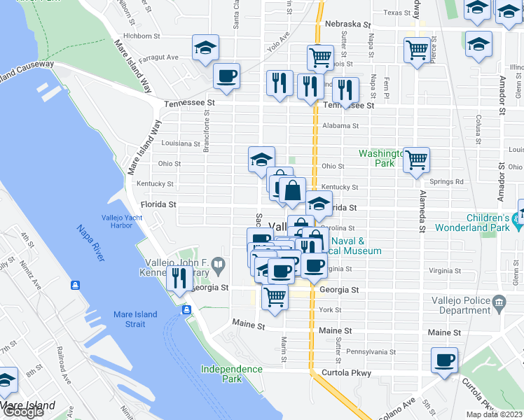 map of restaurants, bars, coffee shops, grocery stores, and more near 828 Sacramento Street in Vallejo