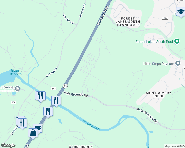 map of restaurants, bars, coffee shops, grocery stores, and more near 485 Crafton Circle in Charlottesville