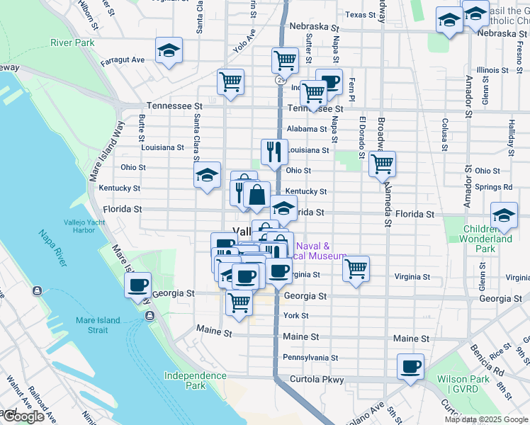 map of restaurants, bars, coffee shops, grocery stores, and more near in Vallejo