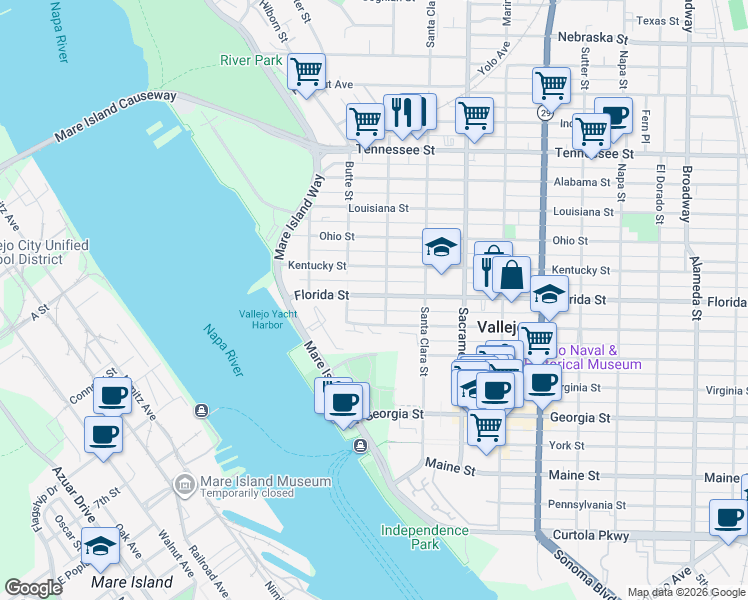 map of restaurants, bars, coffee shops, grocery stores, and more near 140 Carolina Street in Vallejo