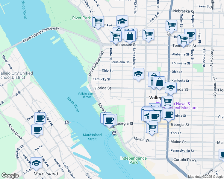 map of restaurants, bars, coffee shops, grocery stores, and more near in Vallejo