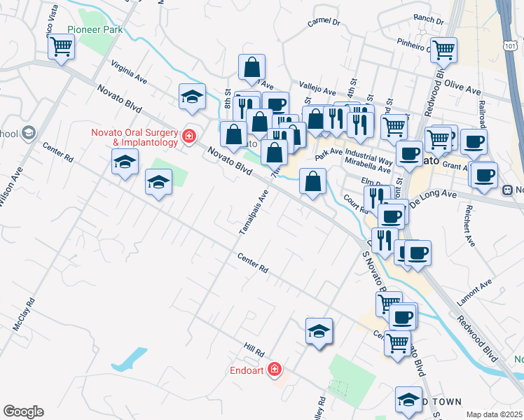 map of restaurants, bars, coffee shops, grocery stores, and more near 830 Tamalpais Avenue in Novato