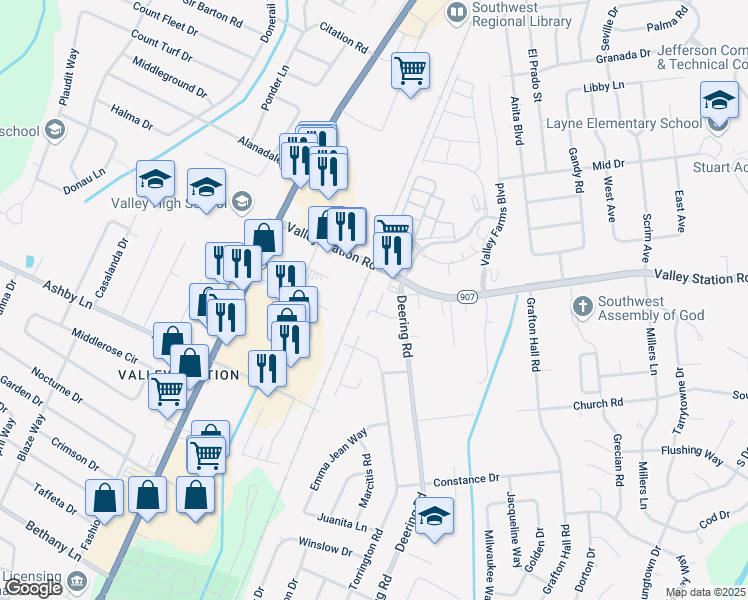 map of restaurants, bars, coffee shops, grocery stores, and more near 101 Chariot Run Drive in Louisville